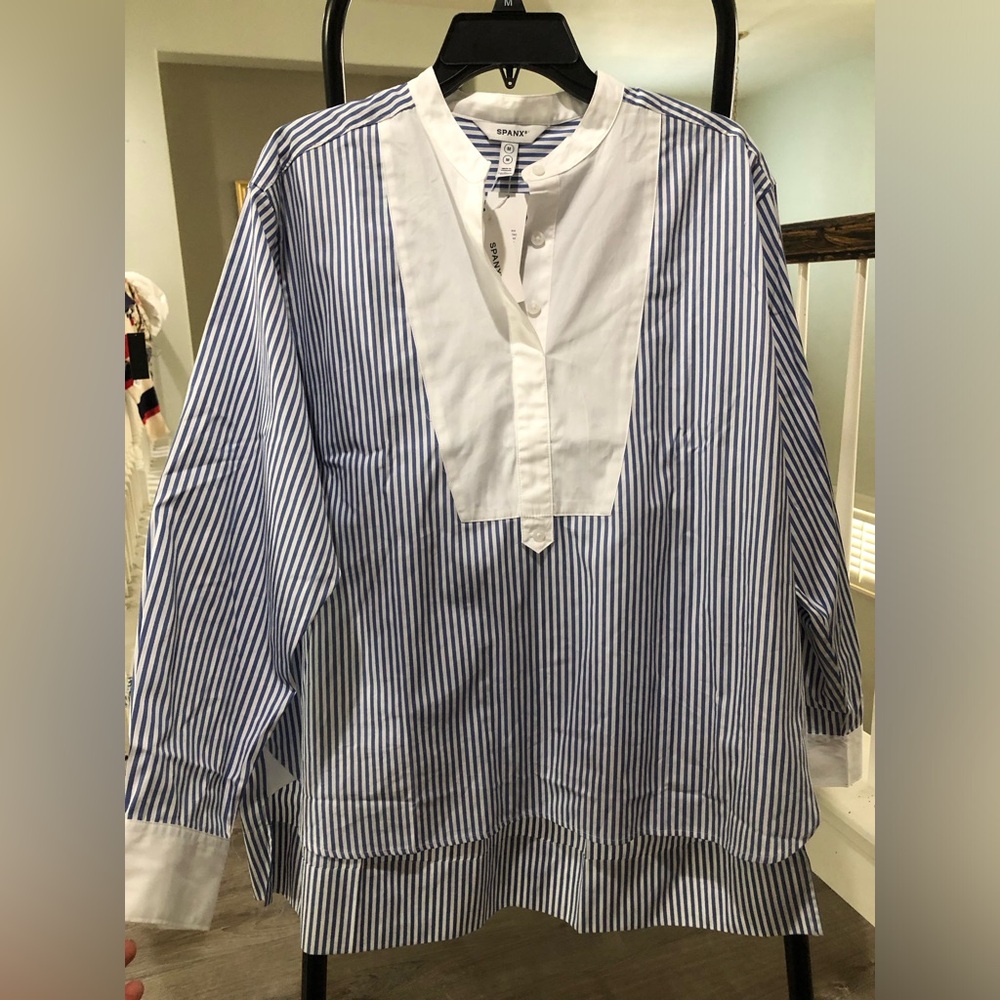 NWT SPANX poplin tuxedo Striped Shirt size M